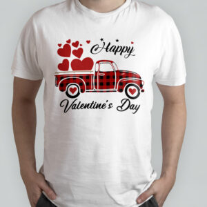 Happy Valentine’s Day Heart Graphic Red Plaid Truck T-Shirt