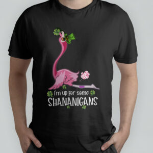 Pink Flamingo I’m Up For Some Shananigans Leprechaun Happy St. Patrick’s Day T-Shirt