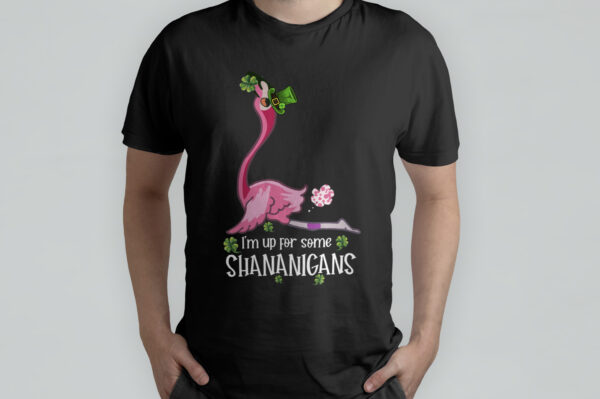 Pink Flamingo I’m Up For Some Shananigans Leprechaun Happy St. Patrick’s Day T-Shirt