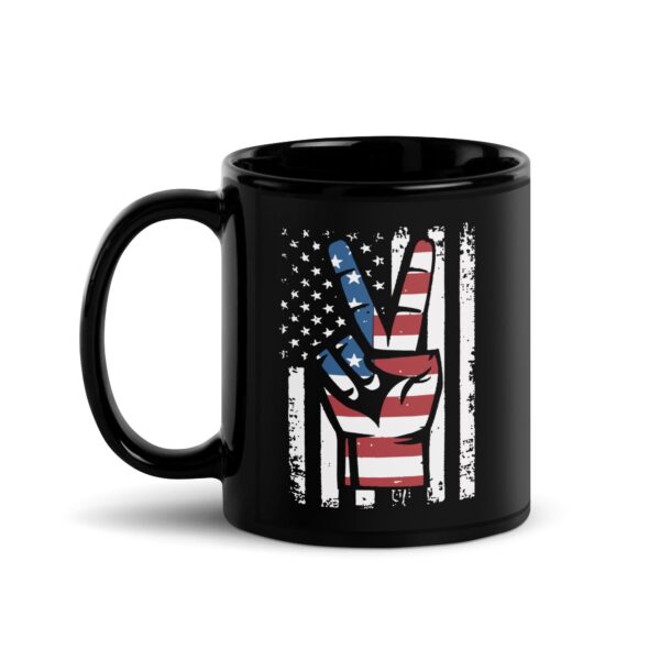 Black Glossy Mug With American Flag And Peace Hand