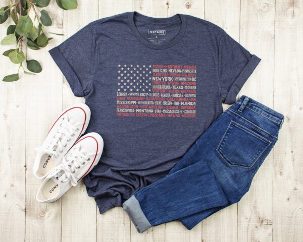 Vintage American Flag Tee With States Fourth Of July