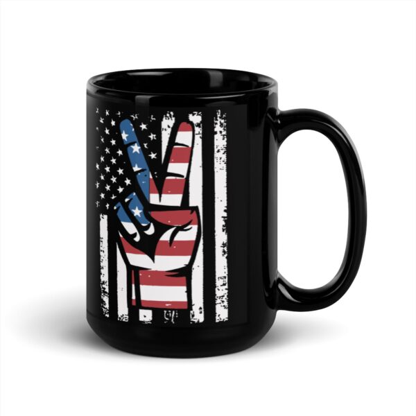 Black Glossy Mug With American Flag And Peace Hand