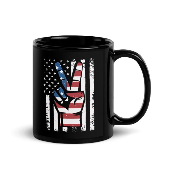 Black Glossy Mug With American Flag And Peace Hand