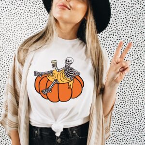 Funny Halloween Shirt – Skeleton Coffee And Pumpkin