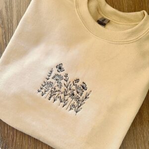 Embroidered Sweatshirt Simple Floral Butterfly Plants