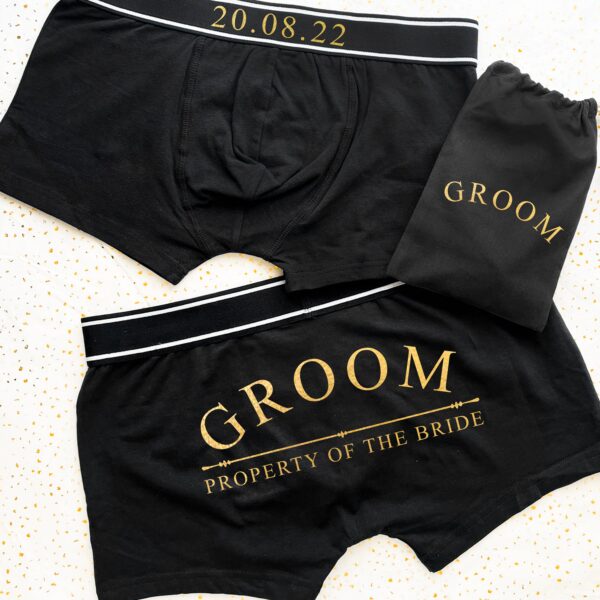 Date Property Of The Bride Back Print On Bottom Personalized Boxers