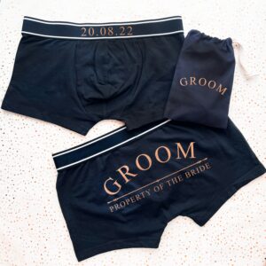 Date Property of The Bride Back Print on Bottom Personalized Boxers