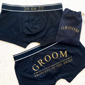 Date Property of The Bride Back Print on Bottom Personalized Boxers