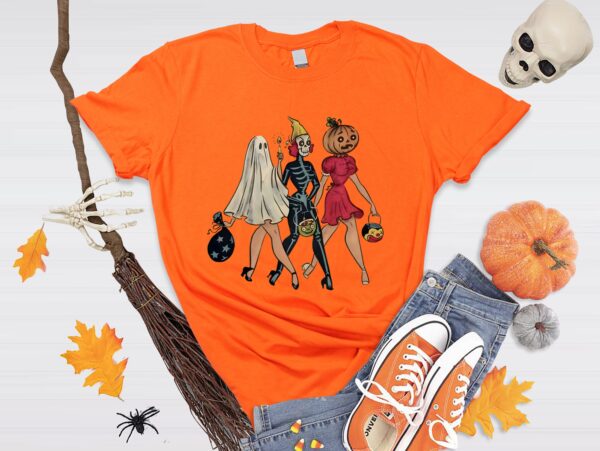 Pumpkin Skeleton Ghost Girls Halloween Shirt