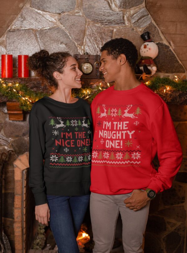 Ugly Couple Christmas Sweater Naughty Nice