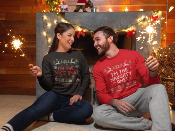 Ugly Couple Christmas Sweater Naughty Nice