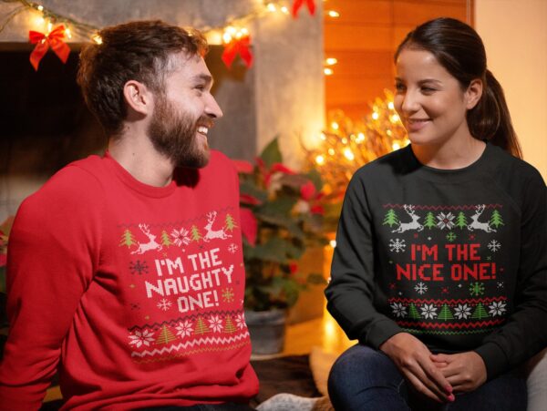 Ugly Couple Christmas Sweater Naughty Nice