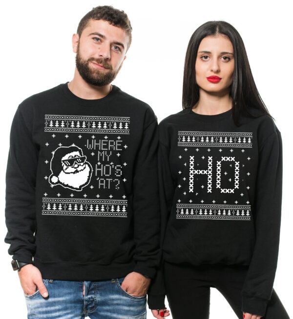 Matching Christmas Sweaters For Couples Where My Hoes At Funny Ugly