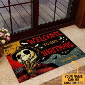 Personalized Movie Halloween Doormat Jack Spooky Welcome To Our Nightmare