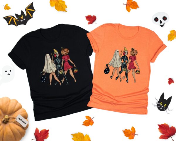 Pumpkin Skeleton Ghost Girls Halloween Shirt