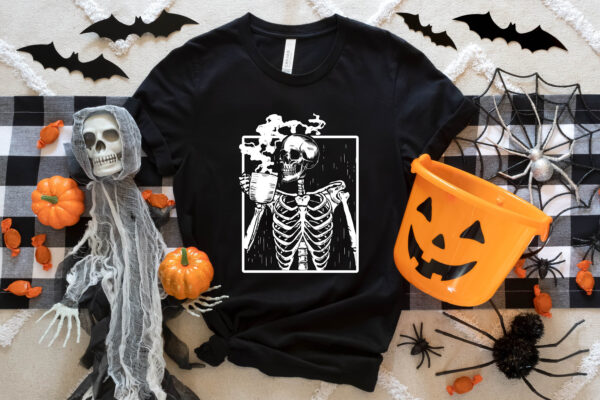 Skeleton Drinking Coffee Shirt- Halloween Shirt