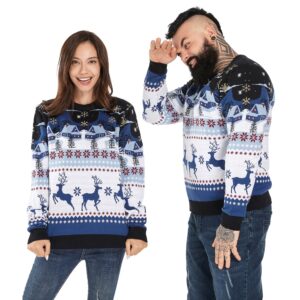 Ugly Couple Christmas Sweater Dancing Reindeers And Snowflakes