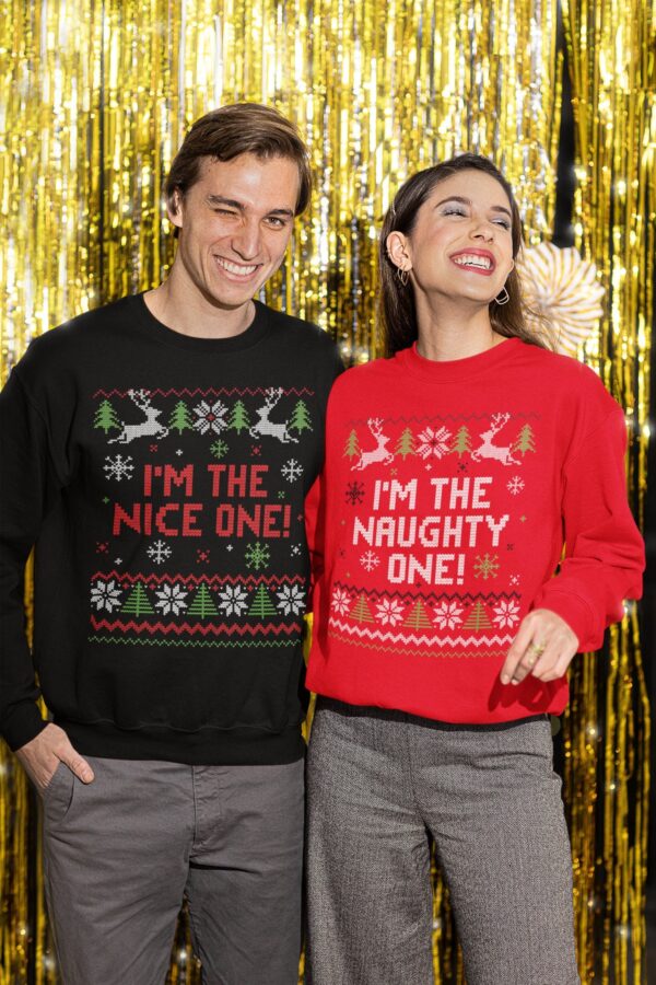 Ugly Couple Christmas Sweater Naughty Nice