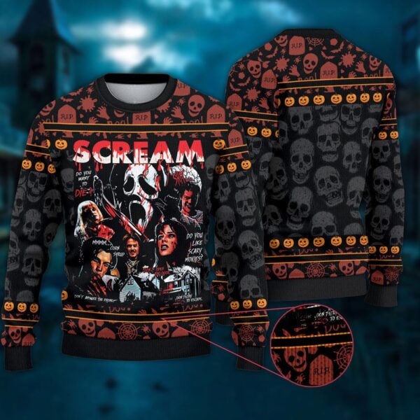 Horror Ugly Sweater Scream Movie Characters Gift For Halloween Christmas