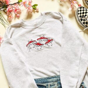 Vintage Embroidered Sweatshirt Mushroom Cats Gift For Cat Lover