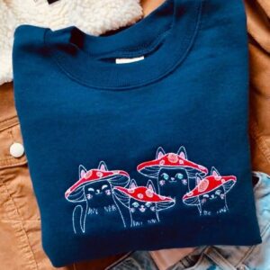 Vintage Embroidered Sweatshirt Mushroom Cats Gift for Cat Lover