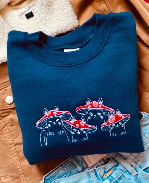 Vintage Embroidered Sweatshirt Mushroom Cats Gift For Cat Lover