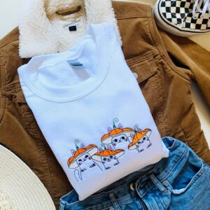 Vintage Embroidered Sweatshirt Mushroom Cats Gift For Plant Cat Lover