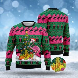 Vintage Ugly Sweater Flamingo With Tree Gift For Christmas