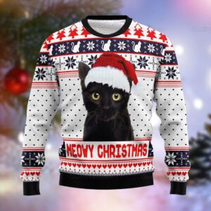 Vintage Ugly Sweater Meowy Funny Black Cat Christmas Gift