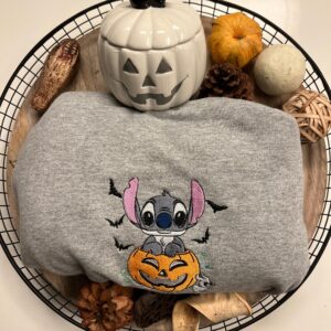 Vintage Embroidered Sweatshirt Inspired Disney Stitch & Halloween Pumpkin Face