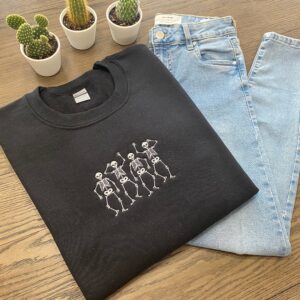 Vintage Embroidered Sweatshirt Funny Dancing Skeletons