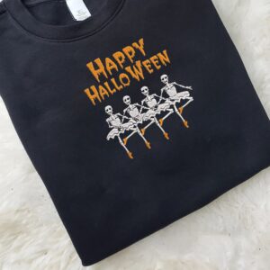 Vintage Embroidered Sweatshirt Happy Halloween Skeleton Ballet Together Dancing Skeletons