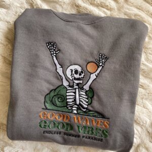 Vintage Embroidered Sweatshirt Inspired Halloween Skeleton Good Vibes