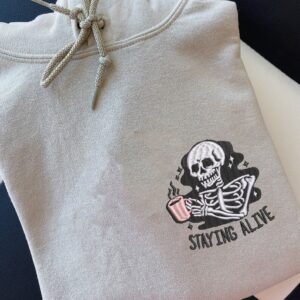 Vintage Embroidered Sweatshirt Inspired Skeleton Staying Alives Coffee