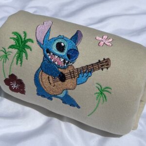 Vintage Embroidered Sweatshirt Inspired Stitch Hawaiian Guitar And Flower