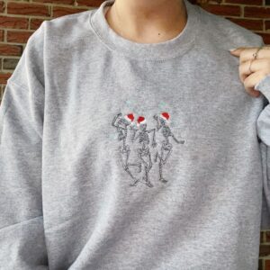 Vintage Embroidered Sweatshirt Merry Christmas Dancing Skeletons