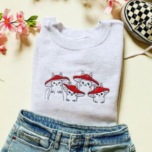 Vintage Embroidered Sweatshirt Mushroom Cats Gift for Cat Lover