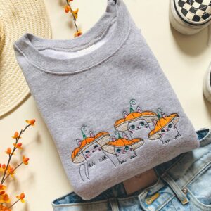 Vintage Embroidered Sweatshirt Mushroom Cats Gift For Plant Cat Lover