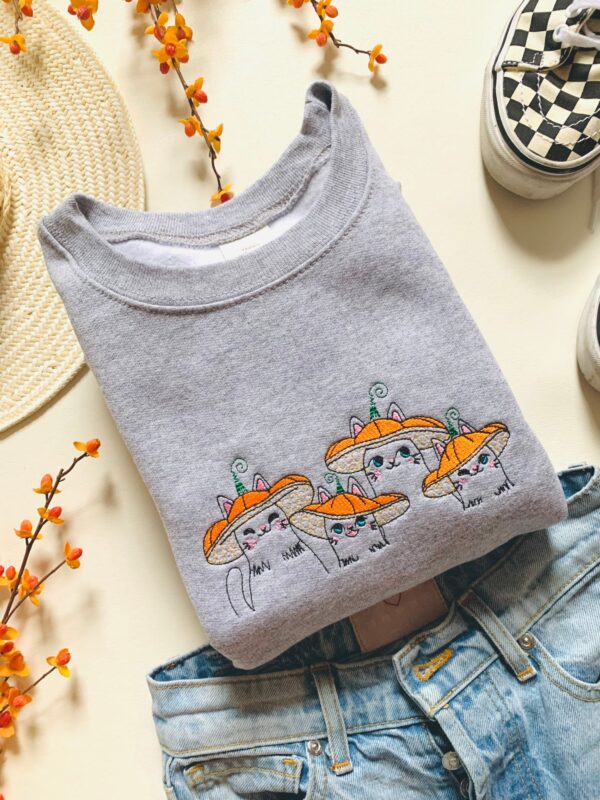 Vintage Embroidered Sweatshirt Mushroom Cats Gift For Plant Cat Lover