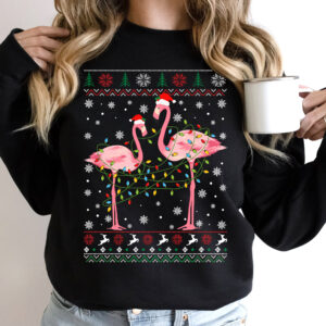 Vintage Ugly Sweater Couple Flamingo Santa Hat Christmas Gift