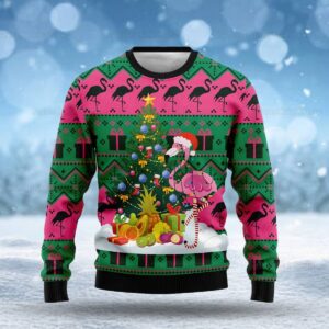 Vintage Ugly Sweater Flamingo With Tree Gift For Christmas