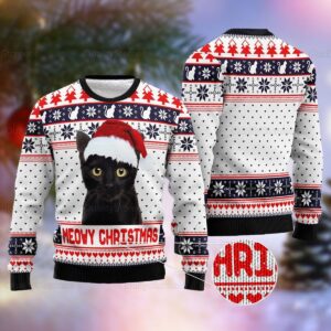 Vintage Ugly Sweater Meowy Funny Black Cat Christmas Gift