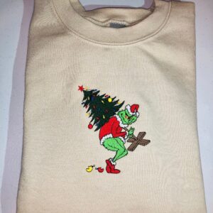 Grinch Carry Christmas Tree Embroidered Sweatshirt