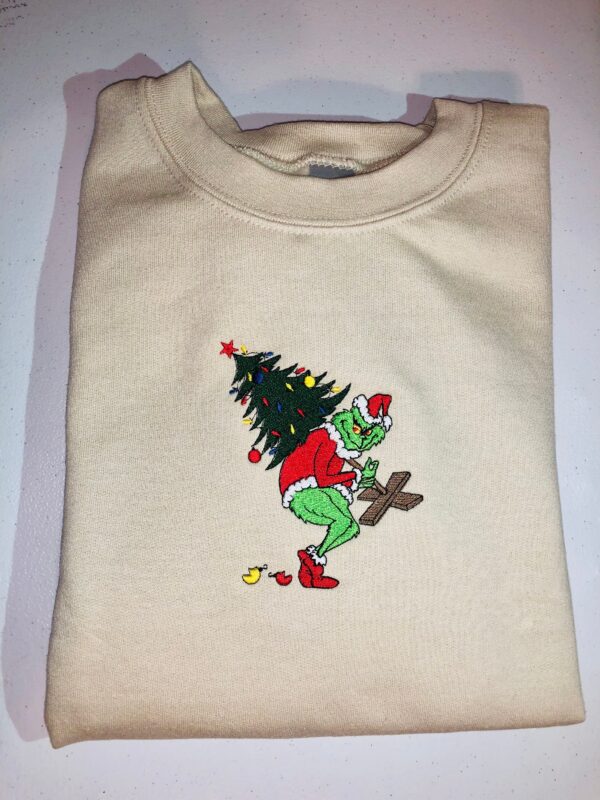 Grinch Carry Christmas Tree Embroidered Sweatshirt