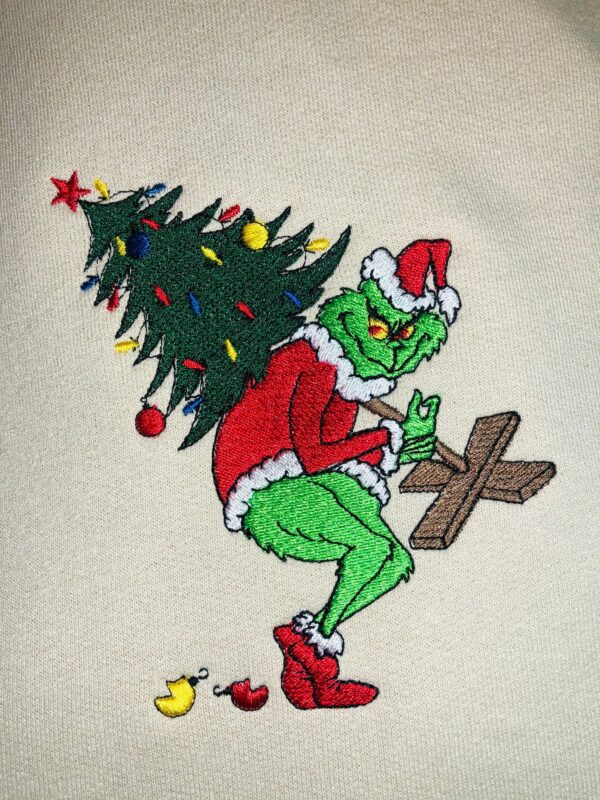 Grinch Carry Christmas Tree Embroidered Sweatshirt