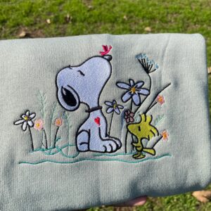 Snoopy White Dog And Bird Embroidered Sweatshirt