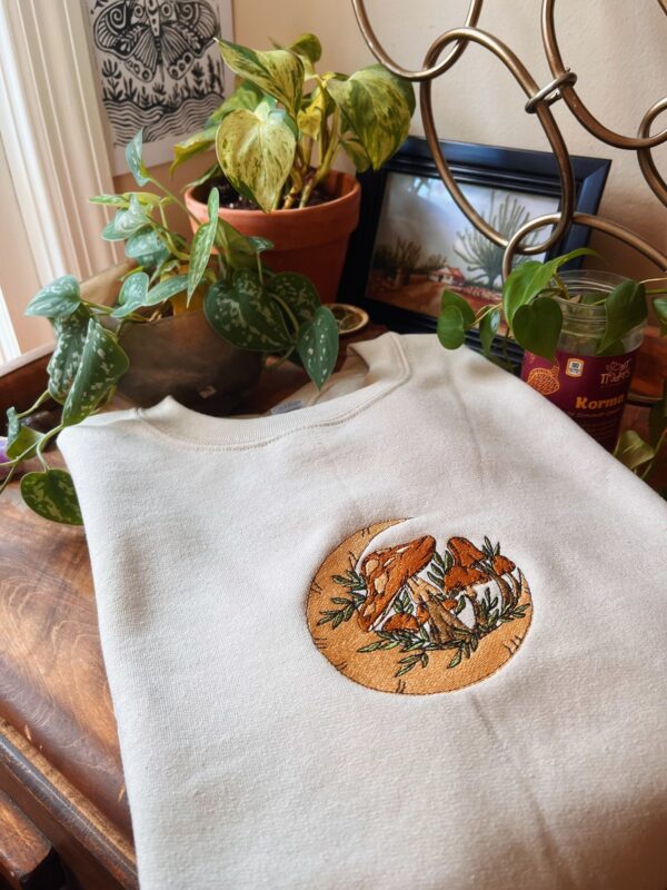 Tan Mushroom Moon Embroidered Sweatshirt