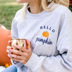 Vintage Embroidered Sweatshirt Hello Pumpkin Gift For Halloween Thanksgiving