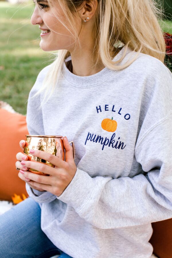 Vintage Embroidered Sweatshirt Hello Pumpkin Gift For Halloween Thanksgiving