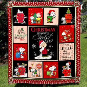 Christmas Begins with Christ Snoopy Cartoon Red Quilted Blanket